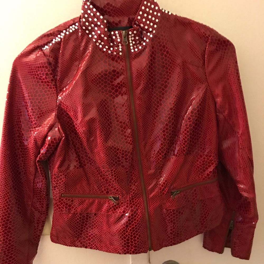 Faux leather red jacket with crystals